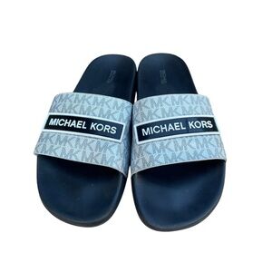 Michael Kors Demi Flat Slide Sandals Mini MK Logo Black Silver